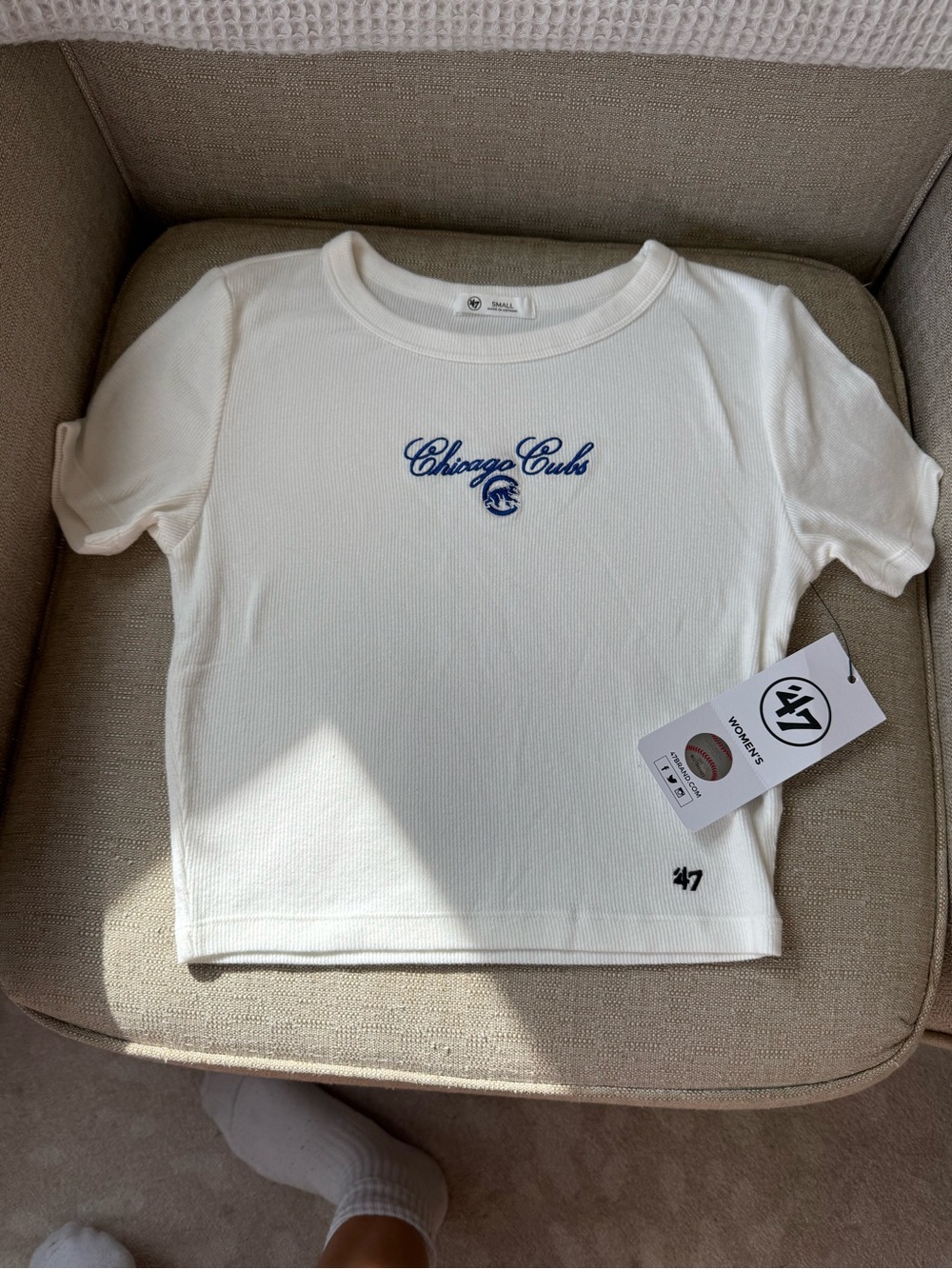 '47 White Chicago Cubs Short Sleeve Tee with Blue Script